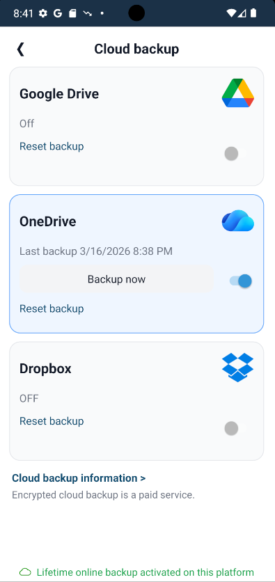 Backup settings - Light mode